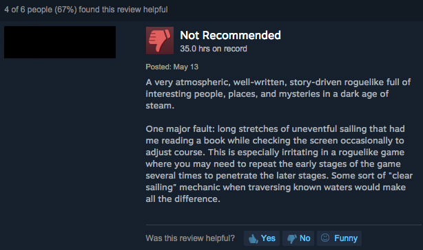 Example of a constructively negative Steam user review